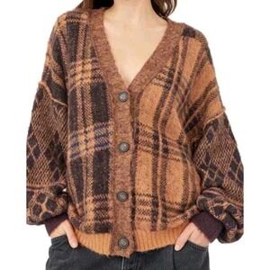 Free People Sepia Plaid Oversize Cardigan Birchwood Combo Size Sm Grandpacore